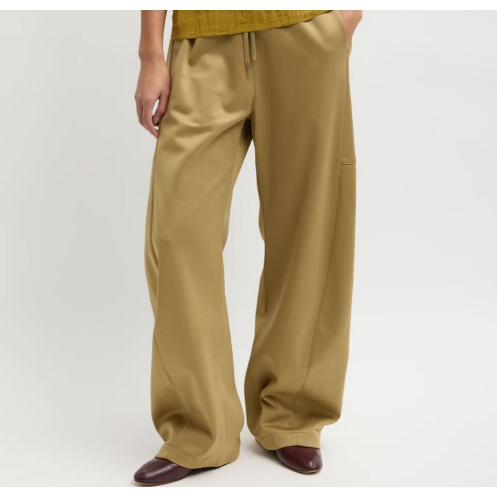 Tibi Active Knit Winslow Pant M Tan Wide Leg Adjustable Hem Snap Fundamentals